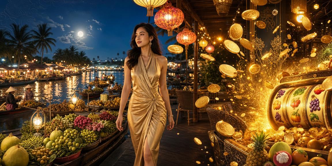 Màn hình slot game sôi động tại chợ đêm vùng Mekong